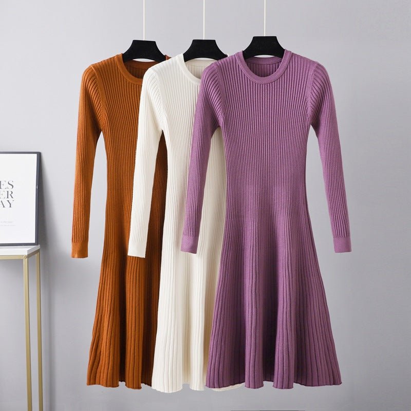 Autumn and winter slim - fitting dress women's medium and long skirt new round neck long skirt solid color inner with bottom sweater skirt A - word skirt - Negative Apparel