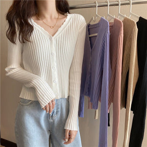 Autumn and winter slim - fitting Hyunya retro knitted v - neck cardigan sweater women's gentle wind short long - sleeved top jacket wholesale - Negative Apparel