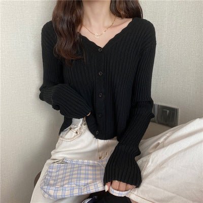 Autumn and winter slim - fitting Hyunya retro knitted v - neck cardigan sweater women's gentle wind short long - sleeved top jacket wholesale - Negative Apparel