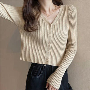 Autumn and winter slim - fitting Hyunya retro knitted v - neck cardigan sweater women's gentle wind short long - sleeved top jacket wholesale - Negative Apparel