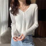 Autumn and winter slim - fitting Hyunya retro knitted v - neck cardigan sweater women's gentle wind short long - sleeved top jacket wholesale - Negative Apparel