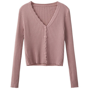 Autumn and winter slim - fitting Hyunya retro knitted v - neck cardigan sweater women's gentle wind short long - sleeved top jacket wholesale - Negative Apparel