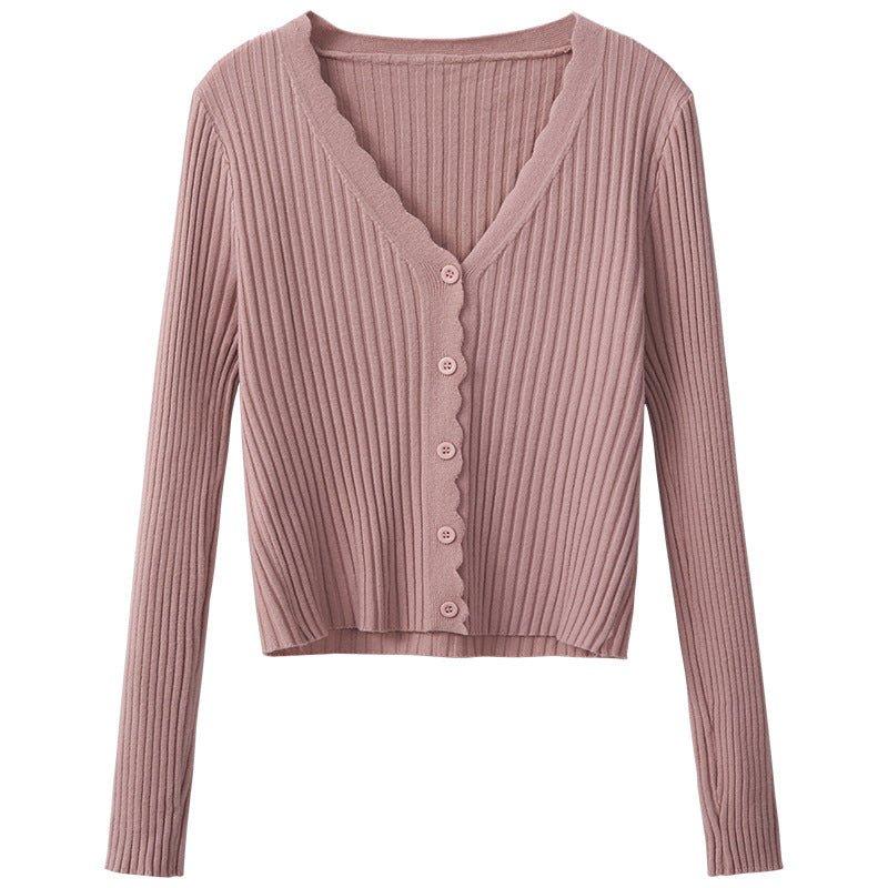 Autumn and winter slim - fitting Hyunya retro knitted v - neck cardigan sweater women's gentle wind short long - sleeved top jacket wholesale - Negative Apparel