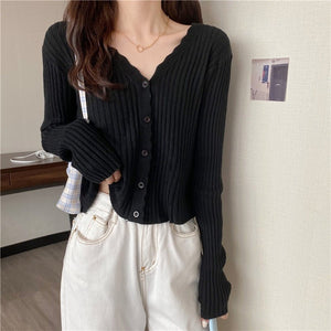Autumn and winter slim - fitting Hyunya retro knitted v - neck cardigan sweater women's gentle wind short long - sleeved top jacket wholesale - Negative Apparel