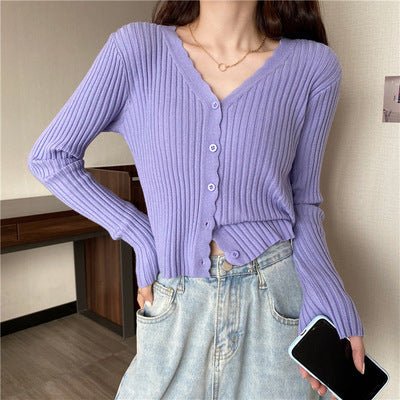 Autumn and winter slim - fitting Hyunya retro knitted v - neck cardigan sweater women's gentle wind short long - sleeved top jacket wholesale - Negative Apparel