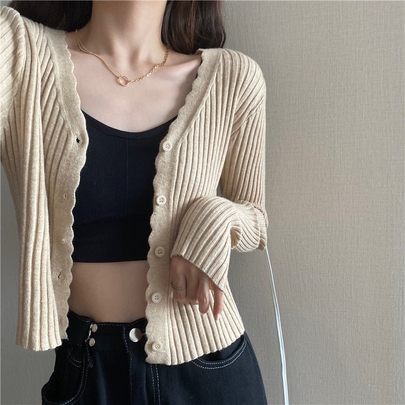 Autumn and winter slim - fitting Hyunya retro knitted v - neck cardigan sweater women's gentle wind short long - sleeved top jacket wholesale - Negative Apparel