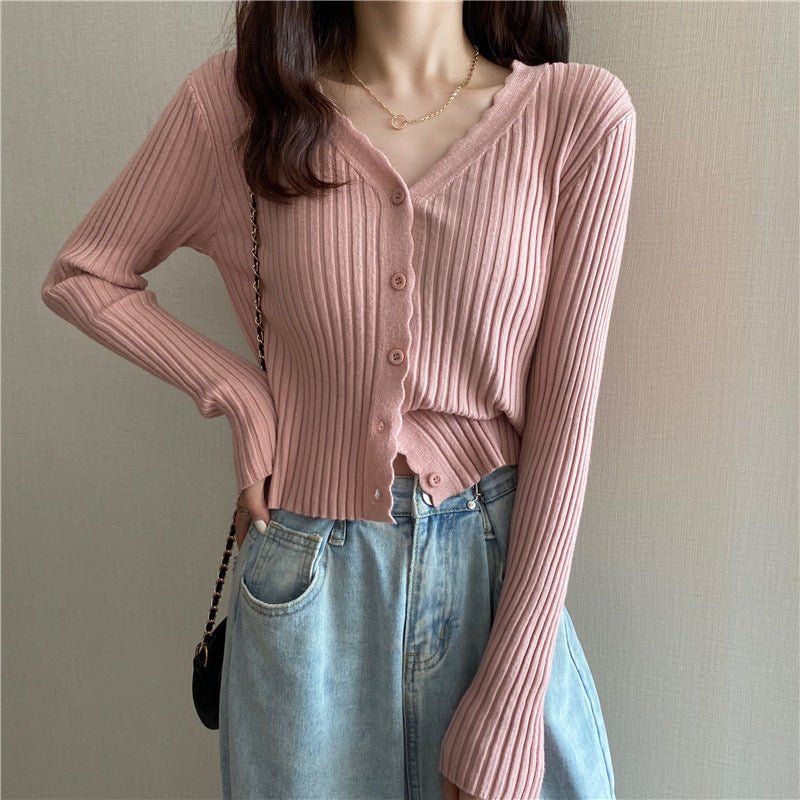 Autumn and winter slim - fitting Hyunya retro knitted v - neck cardigan sweater women's gentle wind short long - sleeved top jacket wholesale - Negative Apparel