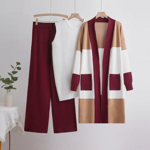 Autumn cardigan jacket knitted three - piece vest wide - leg pants casual lazy set - Negative Apparel