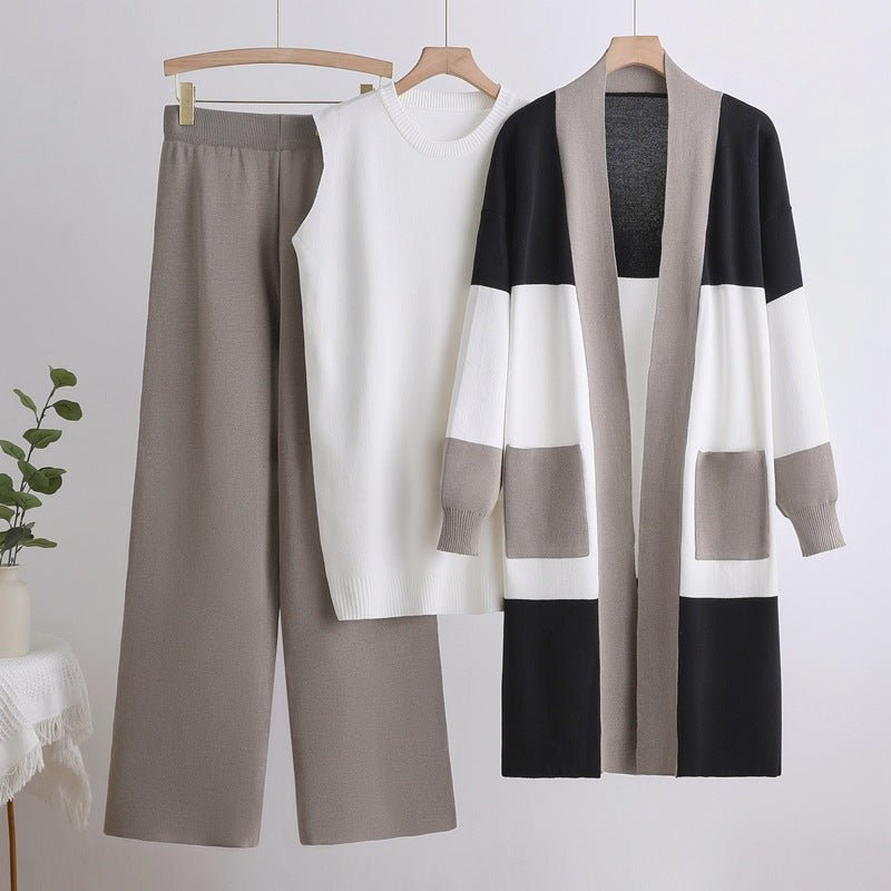 Autumn cardigan jacket knitted three - piece vest wide - leg pants casual lazy set - Negative Apparel