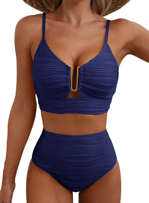 Azure Coast | Textured V - Neck High - Waist Bikini Set - Negative Apparel