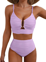 Azure Coast | Textured V - Neck High - Waist Bikini Set - Negative Apparel