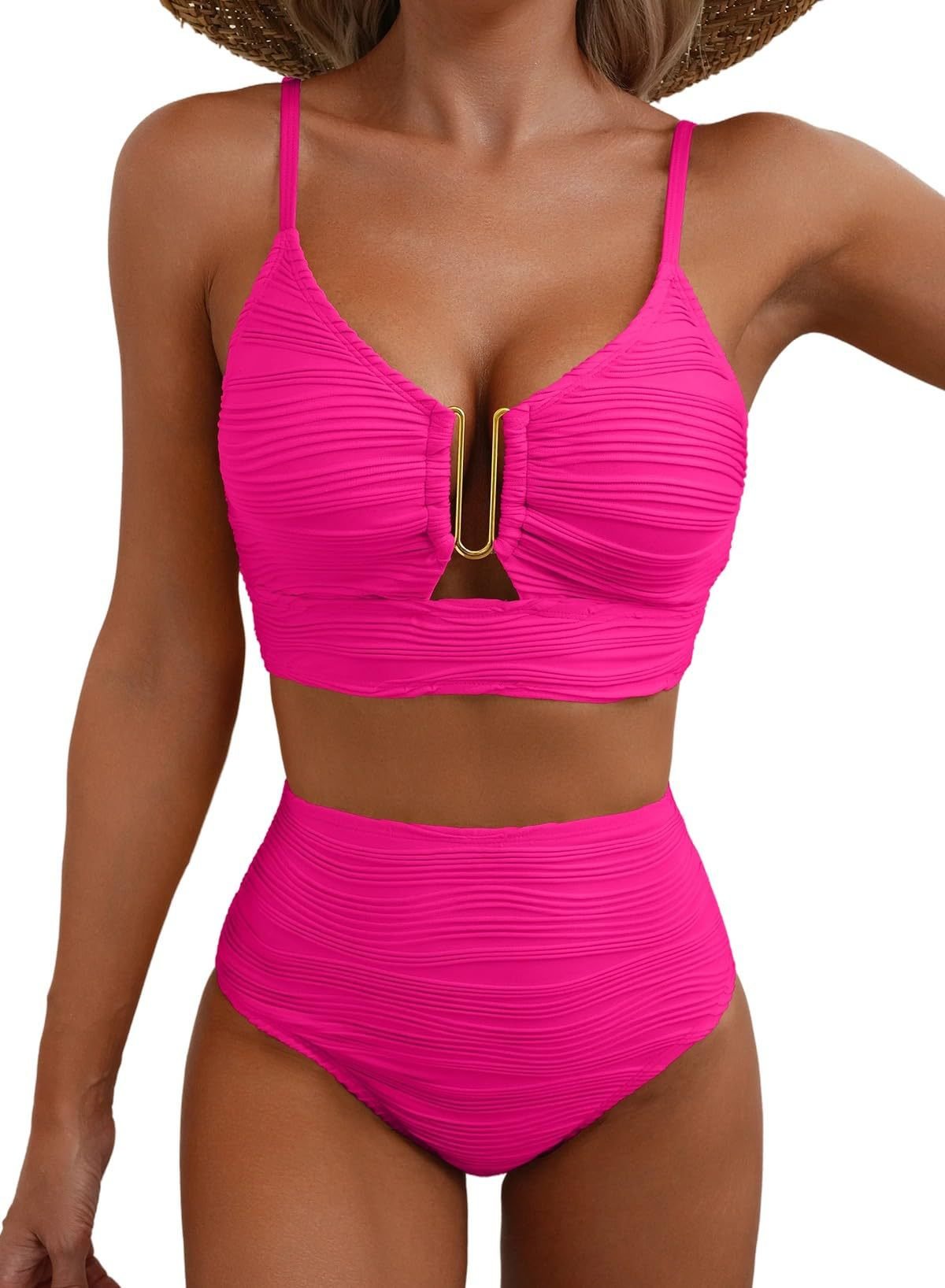 Azure Coast | Textured V - Neck High - Waist Bikini Set - Negative Apparel