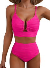 Azure Coast | Textured V - Neck High - Waist Bikini Set - Negative Apparel