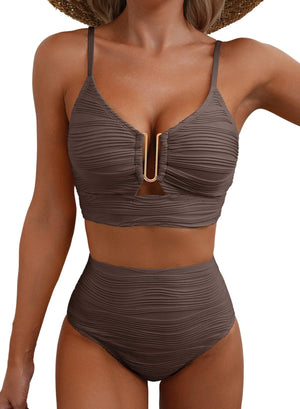 Azure Coast | Textured V - Neck High - Waist Bikini Set - Negative Apparel