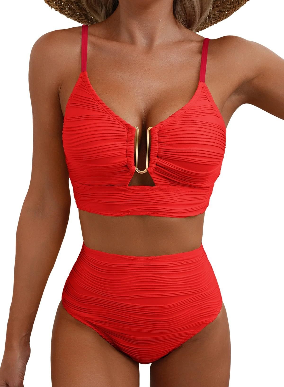 Azure Coast | Textured V - Neck High - Waist Bikini Set - Negative Apparel