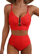 Azure Coast | Textured V - Neck High - Waist Bikini Set - Negative Apparel