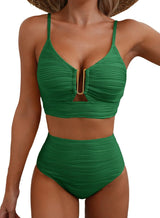 Azure Coast | Textured V - Neck High - Waist Bikini Set - Negative Apparel