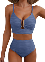 Azure Coast | Textured V - Neck High - Waist Bikini Set - Negative Apparel