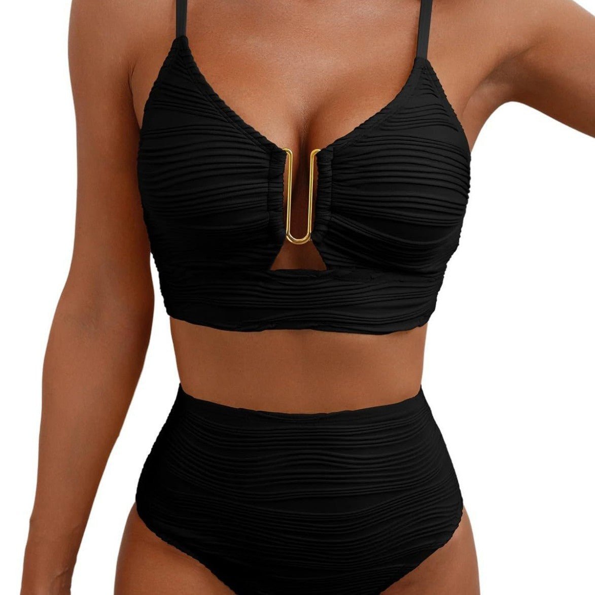 Azure Coast | Textured V - Neck High - Waist Bikini Set - Negative Apparel