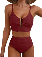 Azure Coast | Textured V - Neck High - Waist Bikini Set - Negative Apparel