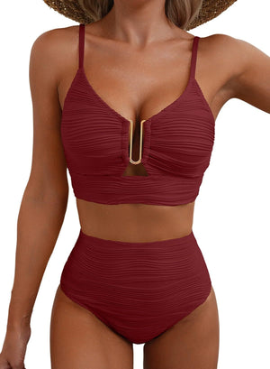 Azure Coast | Textured V - Neck High - Waist Bikini Set - Negative Apparel