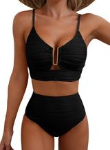 Azure Coast | Textured V - Neck High - Waist Bikini Set - Negative Apparel
