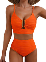 Azure Coast | Textured V - Neck High - Waist Bikini Set - Negative Apparel
