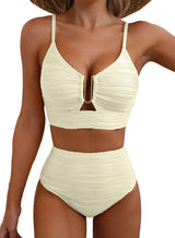 Azure Coast | Textured V - Neck High - Waist Bikini Set - Negative Apparel