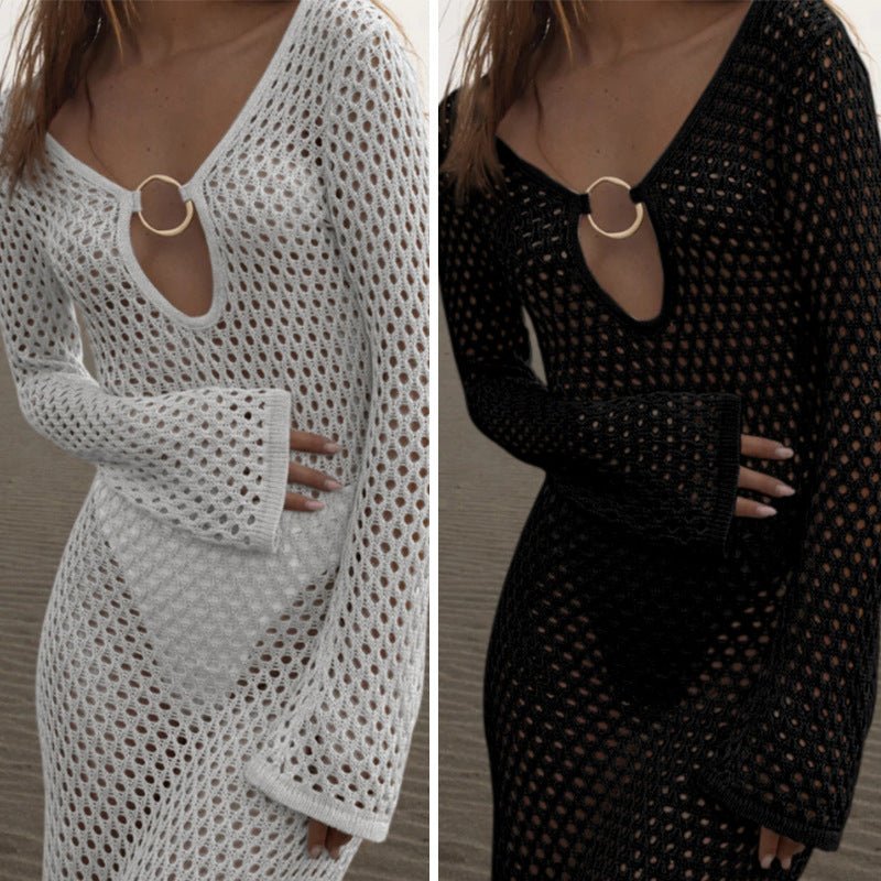 Azure Escape | Geometric Hollow V - Neck Beach Maxi Dress - Negative Apparel