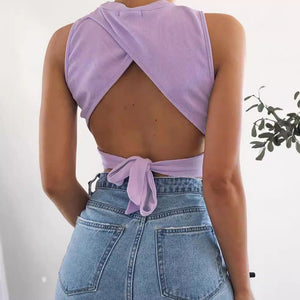 Backless Cross Strap Bowknot Top Women Sleeveless Pullover Round Neck Vest - Negative Apparel