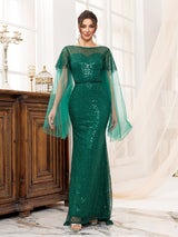 Backless green women's long - sleeved boat neck banquet sequined fishtail long evening dress - Negative Apparel