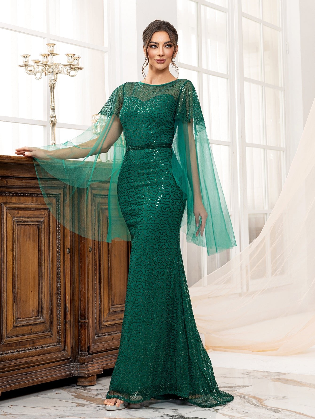 Backless green women's long - sleeved boat neck banquet sequined fishtail long evening dress - Negative Apparel