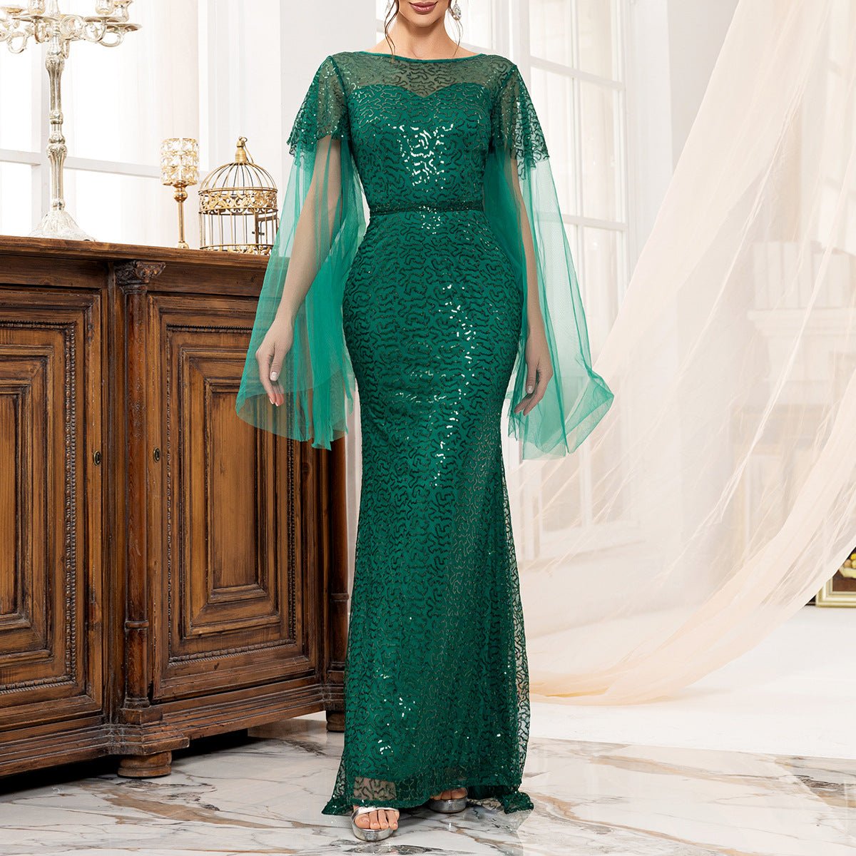 Backless green women's long - sleeved boat neck banquet sequined fishtail long evening dress - Negative Apparel