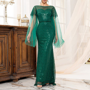Backless green women's long - sleeved boat neck banquet sequined fishtail long evening dress - Negative Apparel