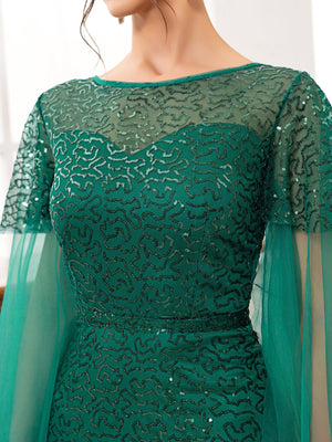 Backless green women's long - sleeved boat neck banquet sequined fishtail long evening dress - Negative Apparel