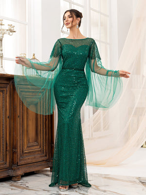 Backless green women's long - sleeved boat neck banquet sequined fishtail long evening dress - Negative Apparel
