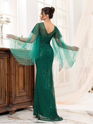 Backless green women's long - sleeved boat neck banquet sequined fishtail long evening dress - Negative Apparel