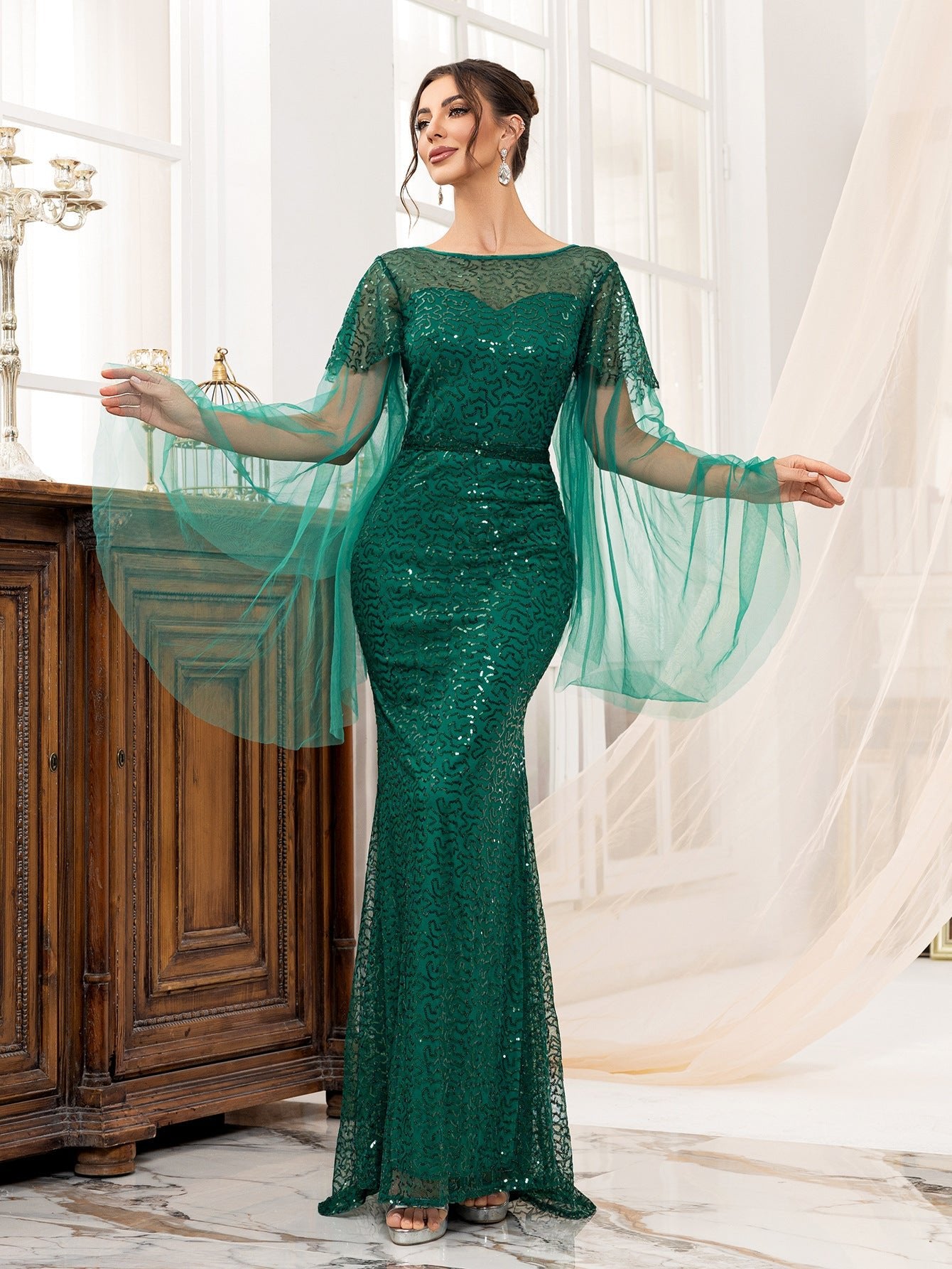 Backless green women's long - sleeved boat neck banquet sequined fishtail long evening dress - Negative Apparel