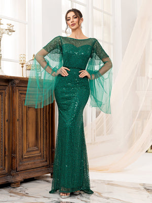 Backless green women's long - sleeved boat neck banquet sequined fishtail long evening dress - Negative Apparel