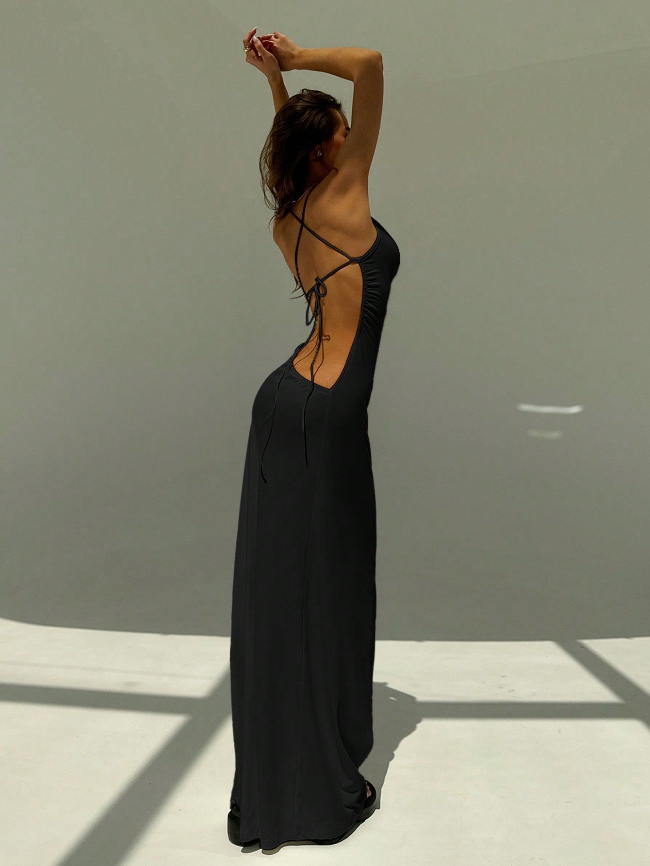 Backless Spaghetti Strap Tight Deep Draped Neck Long Dress For Women - Negative Apparel