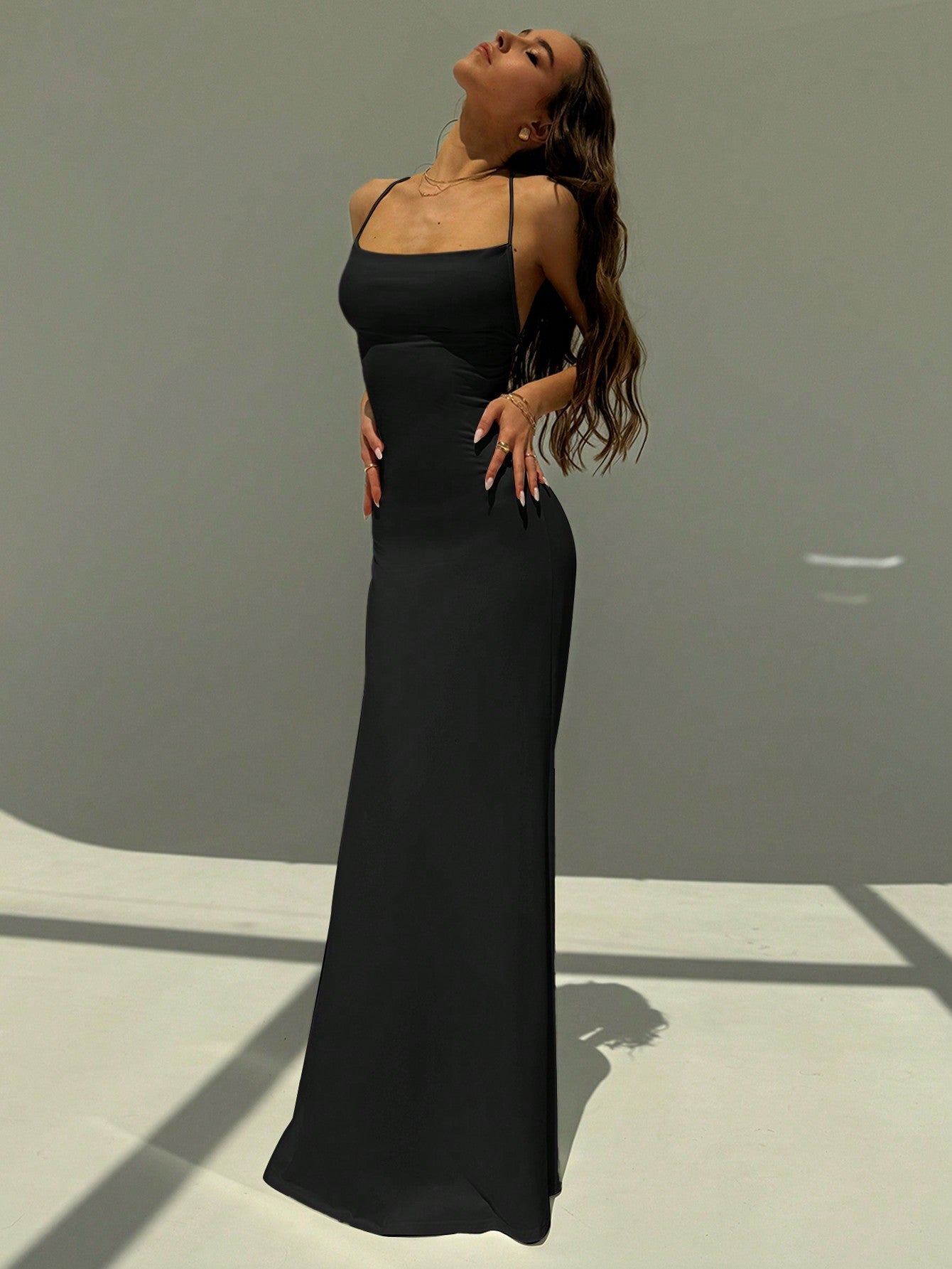 Backless Spaghetti Strap Tight Deep Draped Neck Long Dress F Negative Apparel Backless Spaghetti Strap Tight Deep Draped Neck Long Dress F Negative Apparel