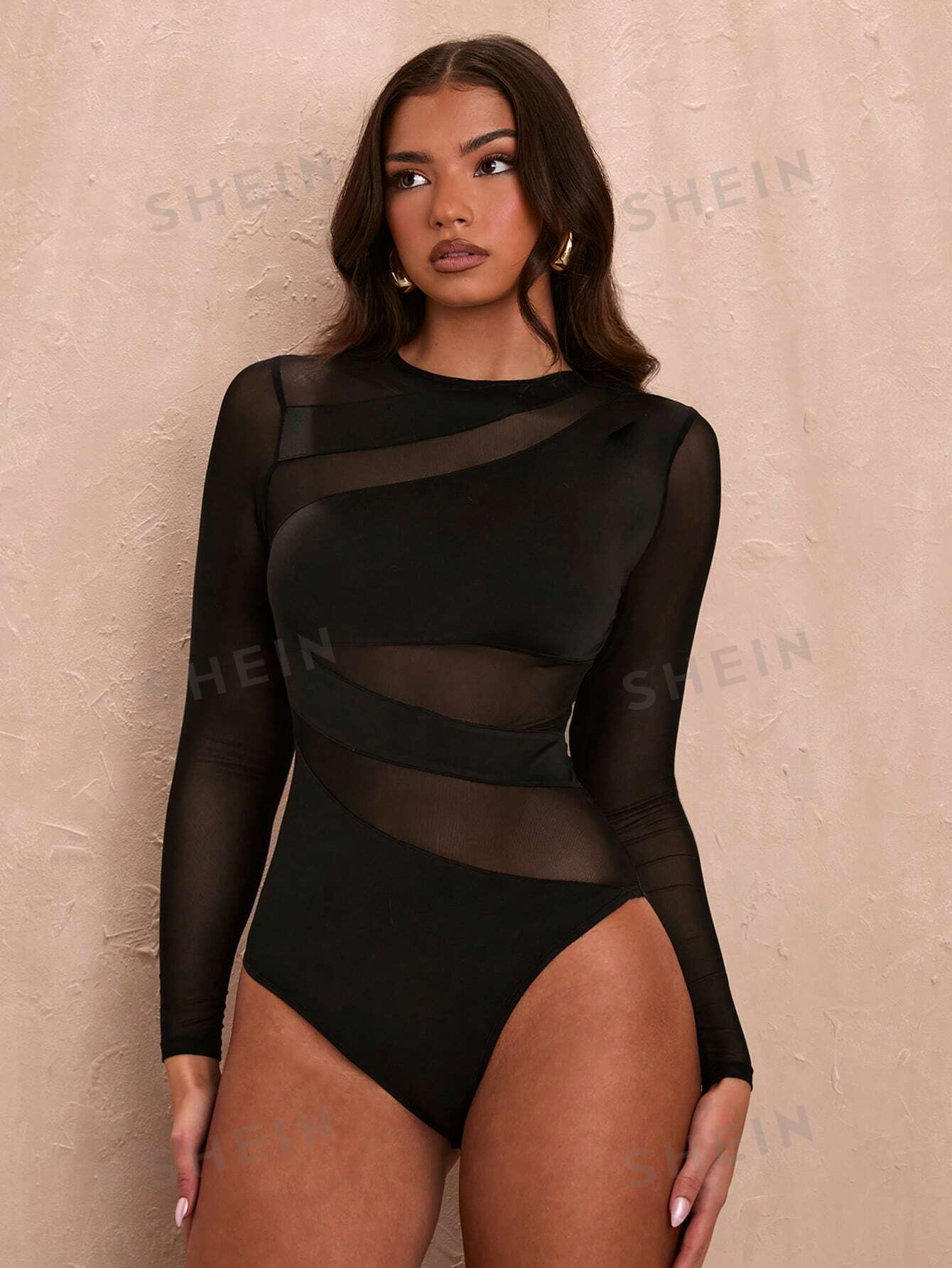 BAE Black Round Neck Sexy See - Through Hollow Out Women Mesh Splicing Asymmetrical Bodysuit - Negative Apparel