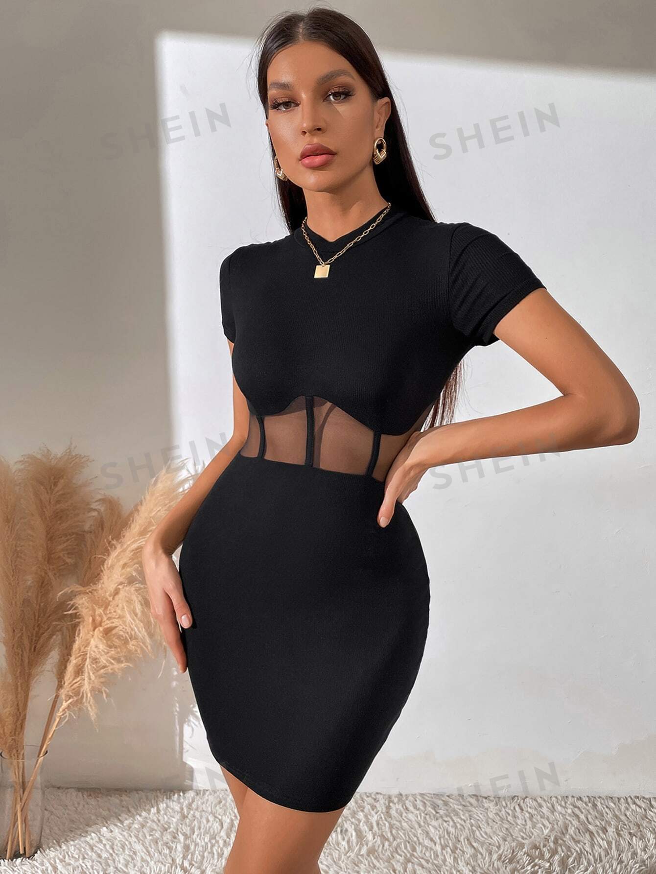 BAE Mesh Insert Mock Neck Bodycon Dress - Negative Apparel