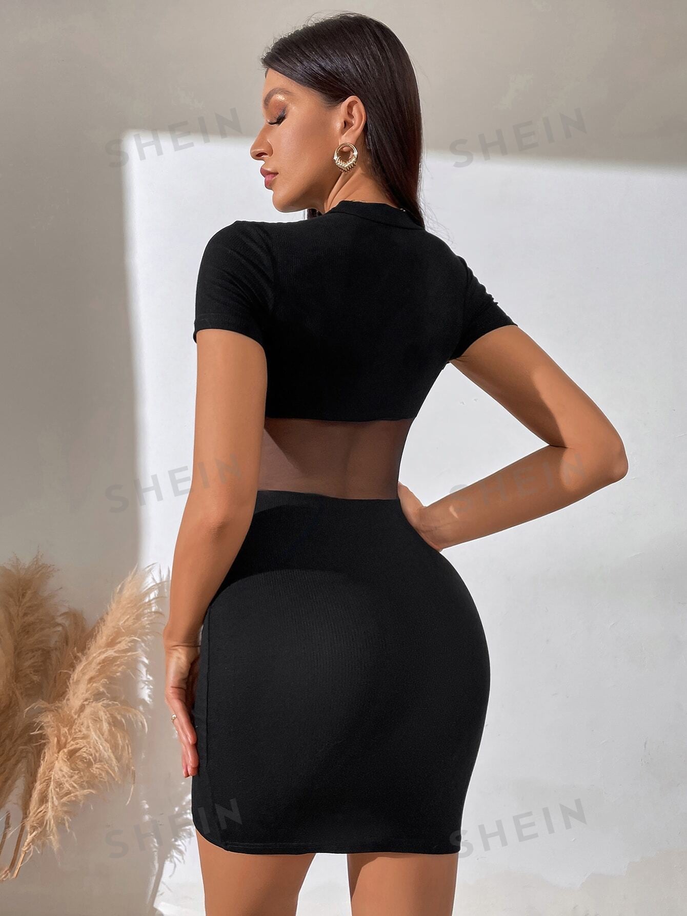 BAE Mesh Insert Mock Neck Bodycon Dress - Negative Apparel