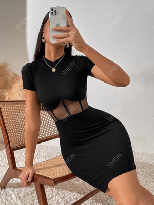 BAE Mesh Insert Mock Neck Bodycon Dress - Negative Apparel