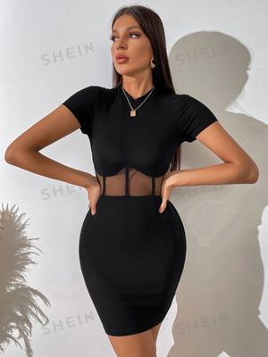 BAE Mesh Insert Mock Neck Bodycon Dress - Negative Apparel