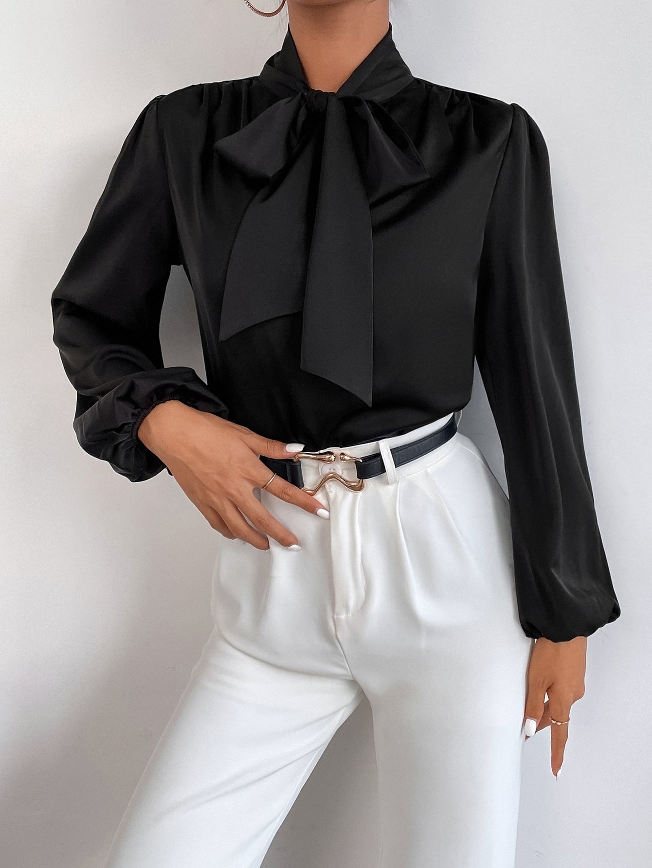 BAE Satin Tie Neck Bishop Sleeve Blouse - Negative Apparel