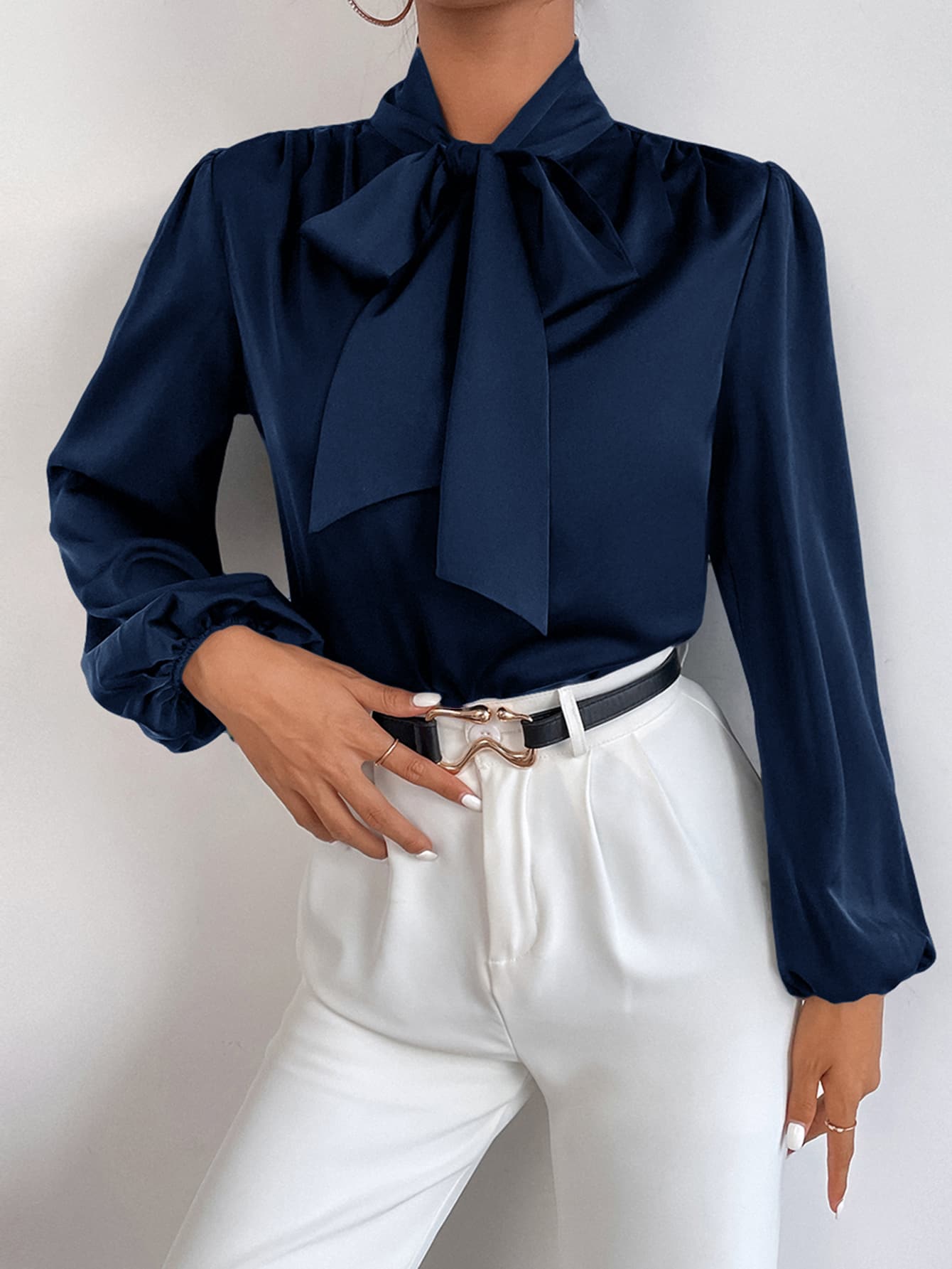 BAE Satin Tie Neck Bishop Sleeve Blouse - Negative Apparel