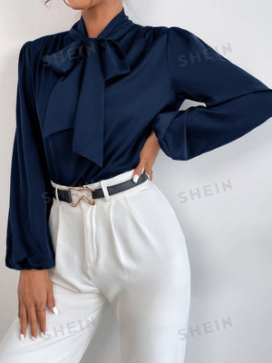 BAE Satin Tie Neck Bishop Sleeve Blouse - Negative Apparel