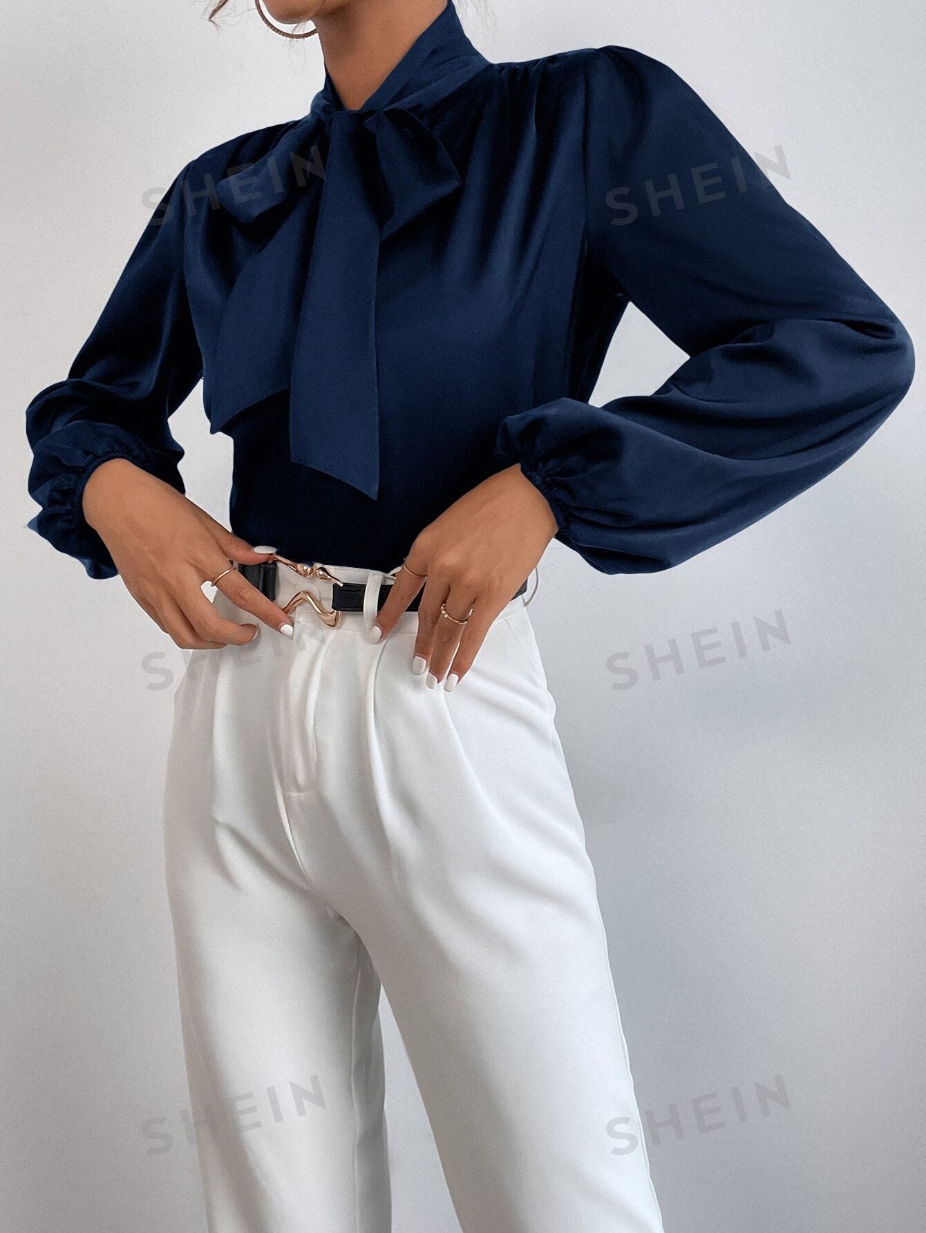 BAE Satin Tie Neck Bishop Sleeve Blouse - Negative Apparel